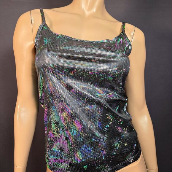Vintage 90s Y2k Le Chateau Silver Metallic Iridescent Stars Tank Top Size M - Picture 1 of 11